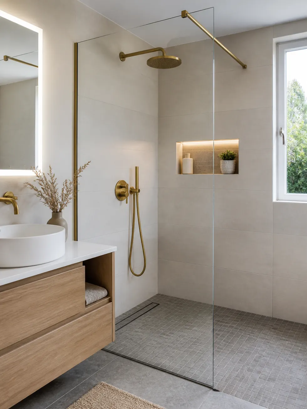 Douche italienne carrelée avec niche murale et joints réguliers